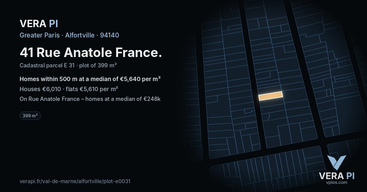 41 Rue Anatole France, Alfortville at night – the plot lit, the parcels around coloured by the prices near them