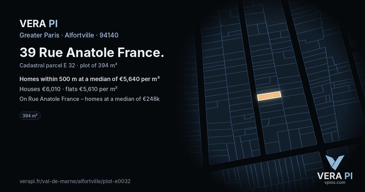 39 Rue Anatole France, Alfortville at night – the plot lit, the parcels around coloured by the prices near them