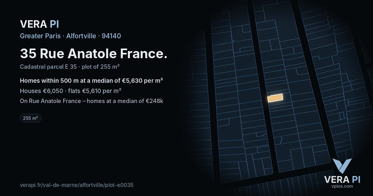 35 Rue Anatole France, Alfortville at night – the plot lit, the parcels around coloured by the prices near them