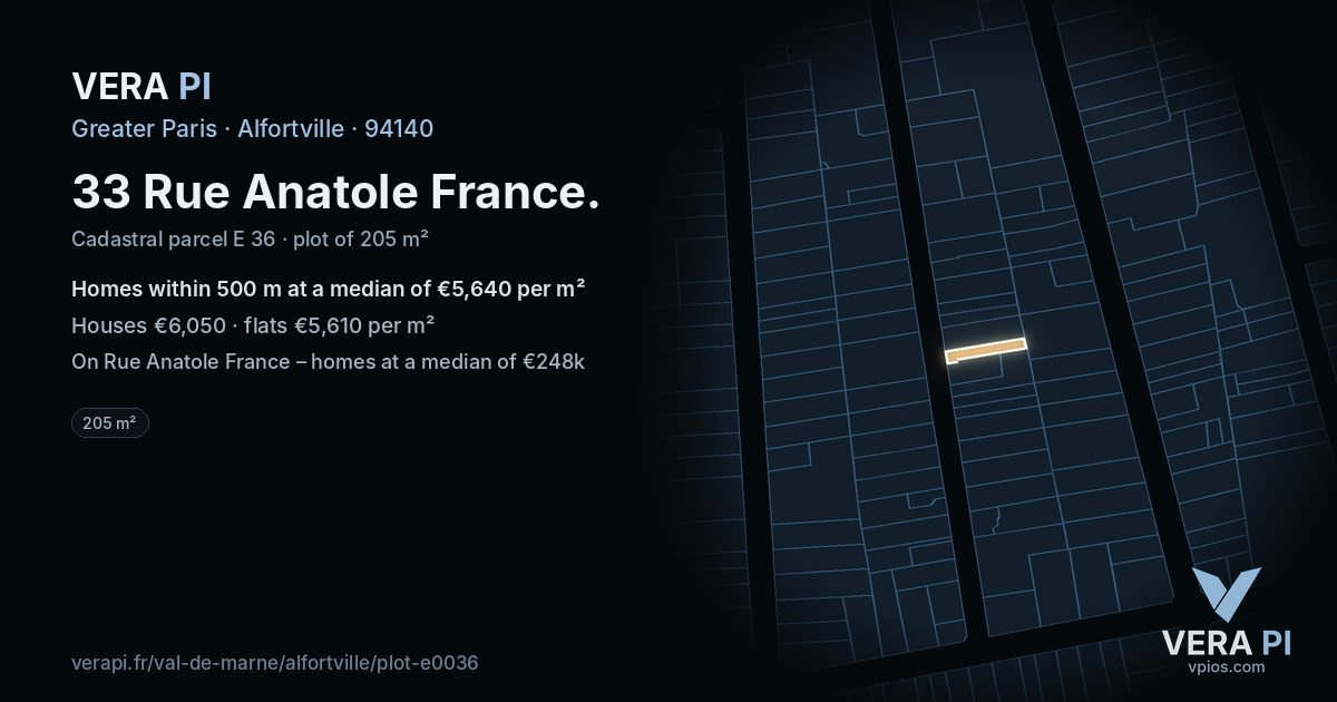 33 Rue Anatole France, Alfortville at night – the plot lit, the parcels around coloured by the prices near them
