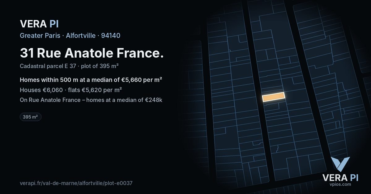 31 Rue Anatole France, Alfortville at night – the plot lit, the parcels around coloured by the prices near them