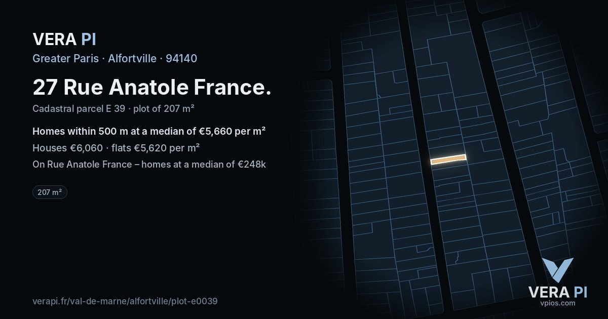 27 Rue Anatole France, Alfortville at night – the plot lit, the parcels around coloured by the prices near them