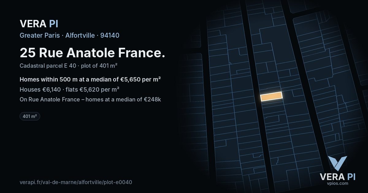25 Rue Anatole France, Alfortville at night – the plot lit, the parcels around coloured by the prices near them