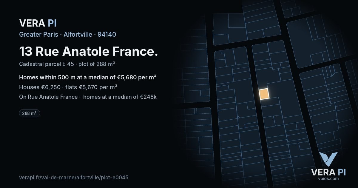 13 Rue Anatole France, Alfortville at night – the plot lit, the parcels around coloured by the prices near them