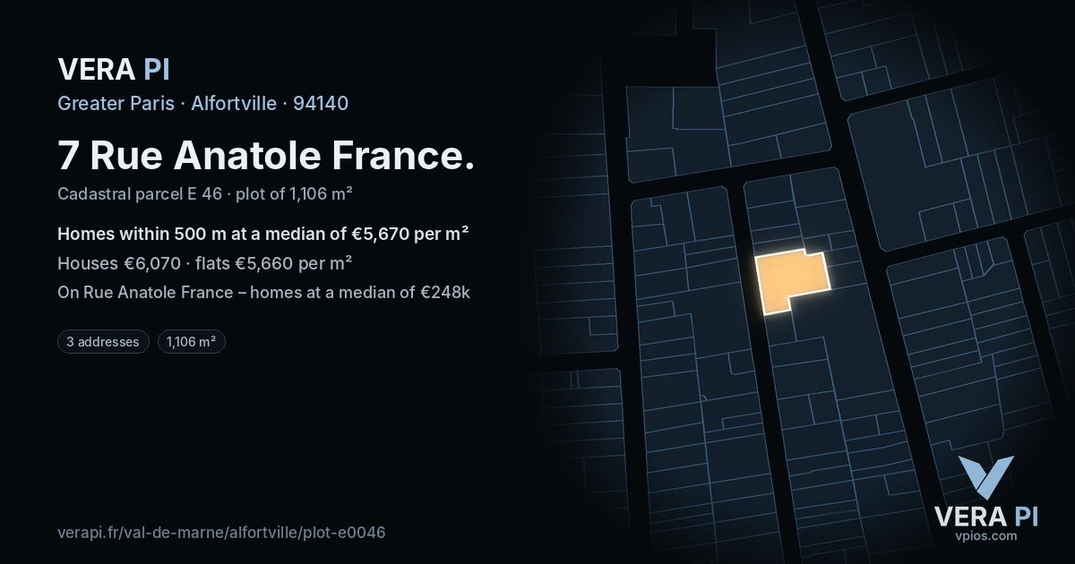 7 Rue Anatole France, Alfortville at night – the plot lit, the parcels around coloured by the prices near them
