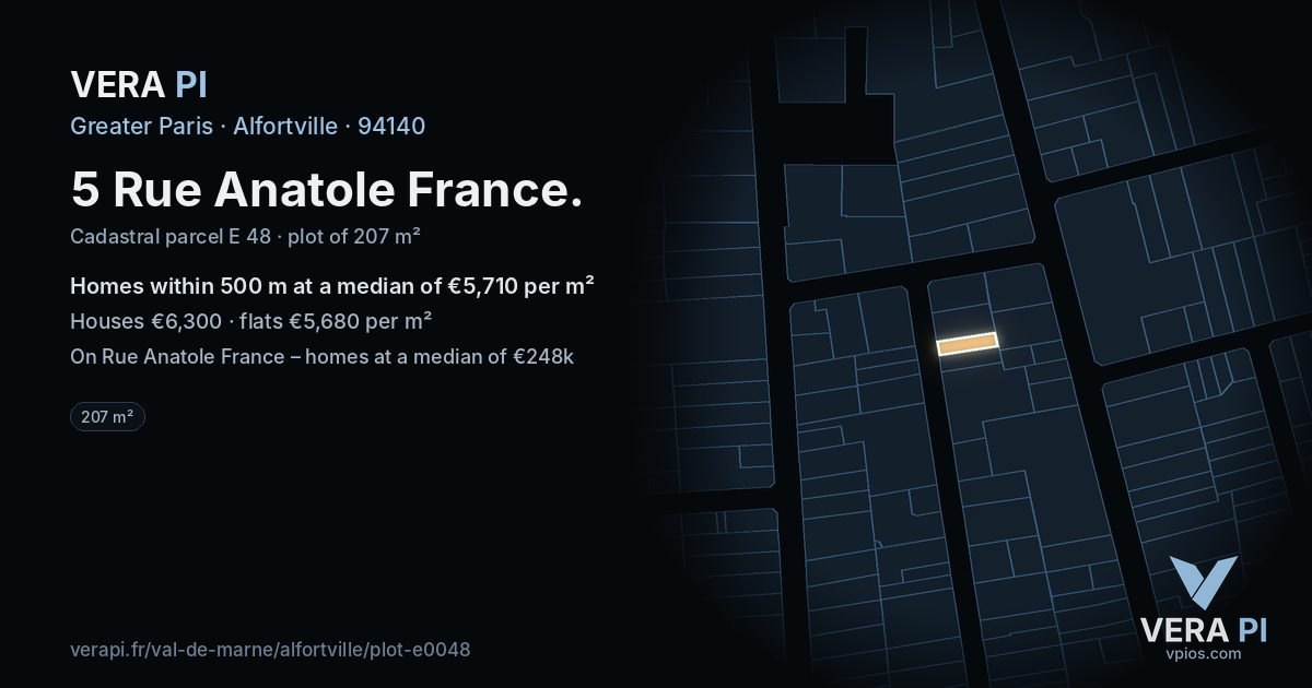 5 Rue Anatole France, Alfortville at night – the plot lit, the parcels around coloured by the prices near them