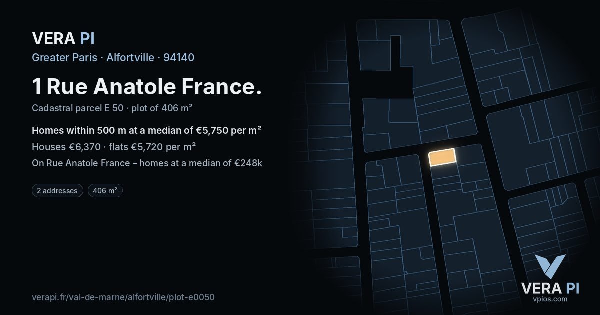 1 Rue Anatole France, Alfortville at night – the plot lit, the parcels around coloured by the prices near them