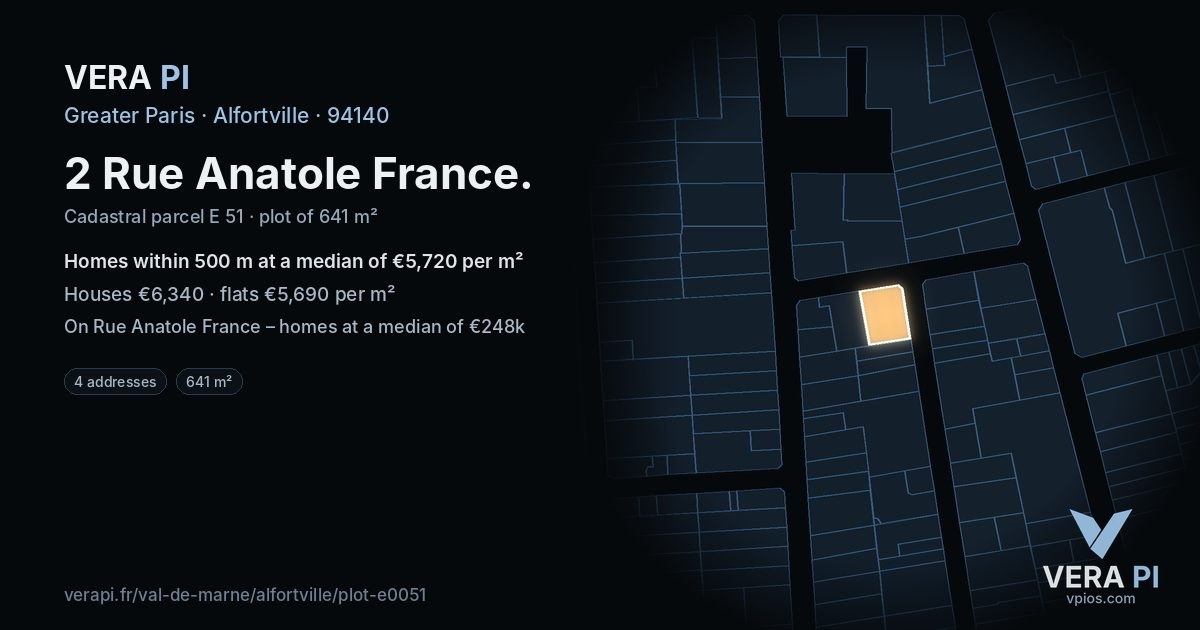 2 Rue Anatole France, Alfortville at night – the plot lit, the parcels around coloured by the prices near them
