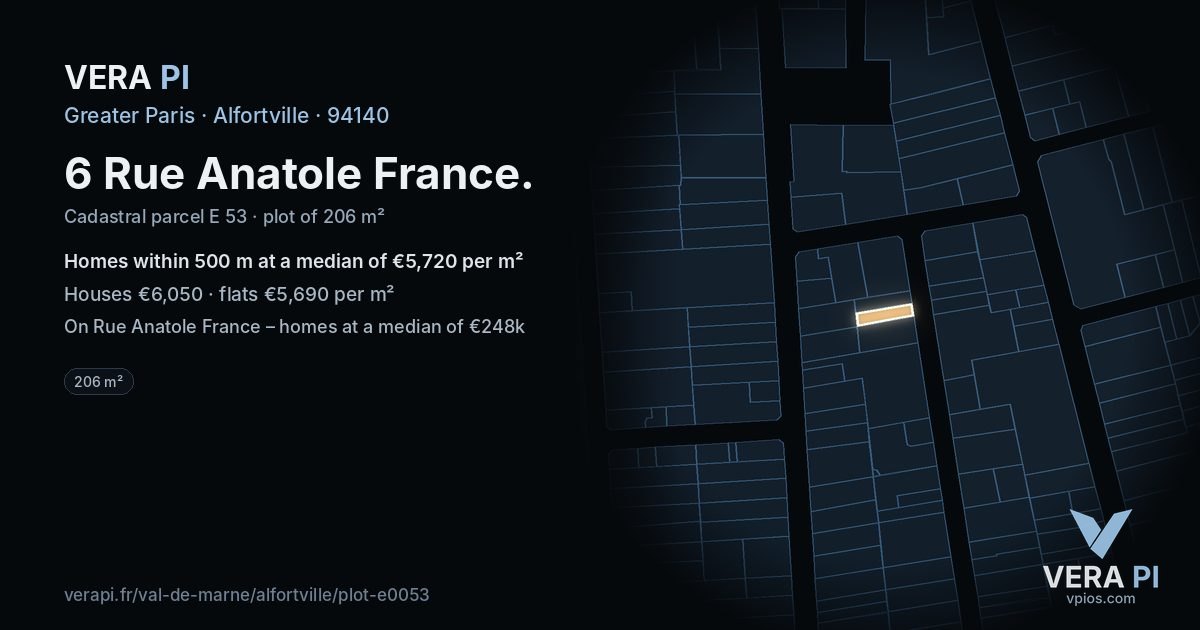 6 Rue Anatole France, Alfortville at night – the plot lit, the parcels around coloured by the prices near them