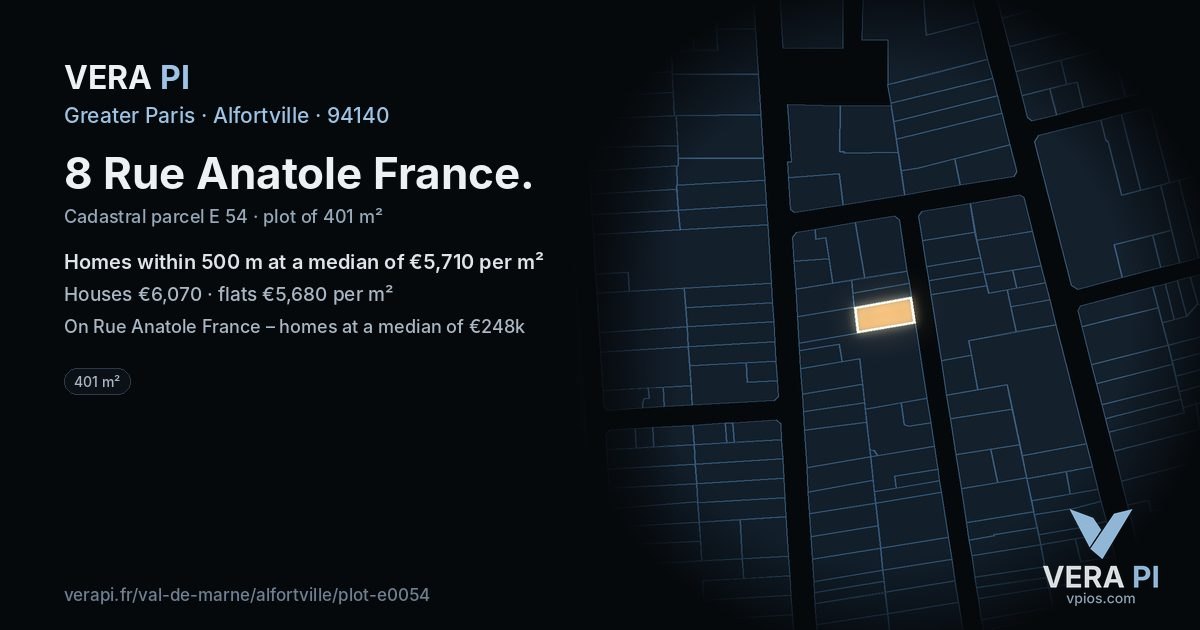 8 Rue Anatole France, Alfortville at night – the plot lit, the parcels around coloured by the prices near them