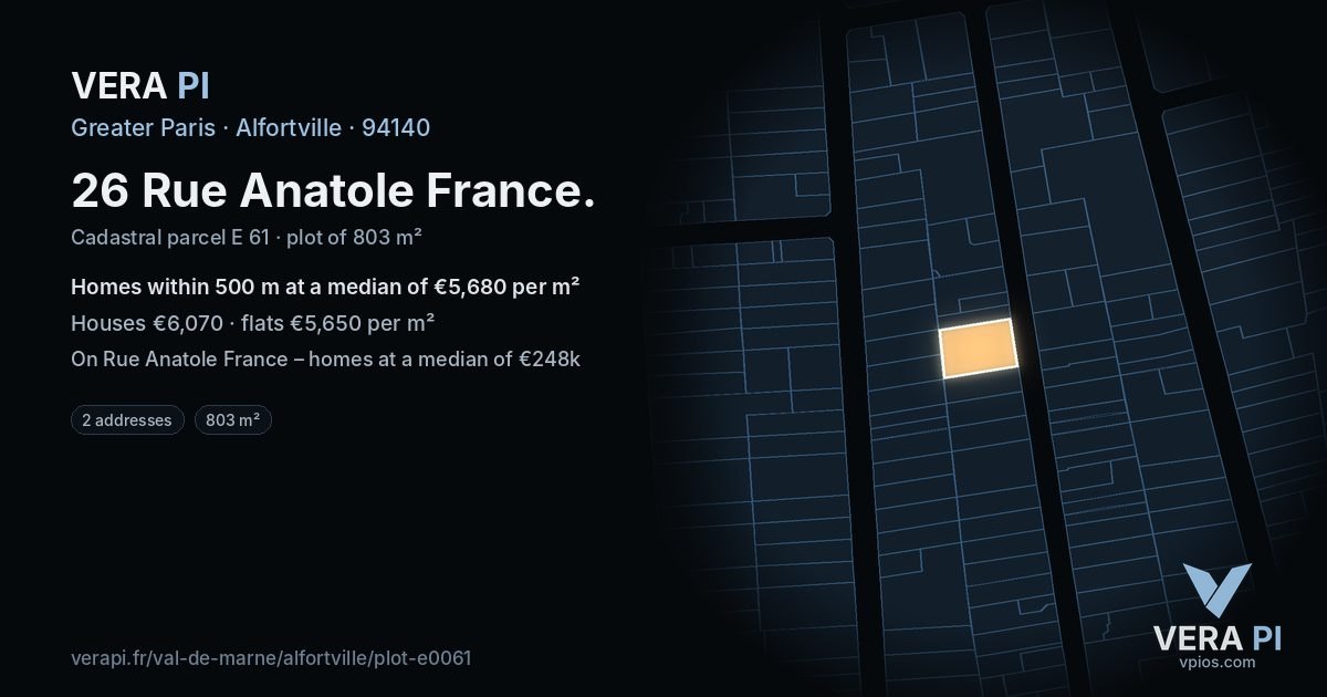 26 Rue Anatole France, Alfortville at night – the plot lit, the parcels around coloured by the prices near them