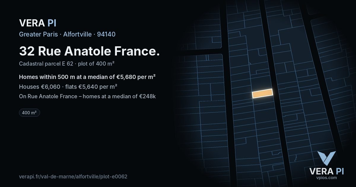32 Rue Anatole France, Alfortville at night – the plot lit, the parcels around coloured by the prices near them