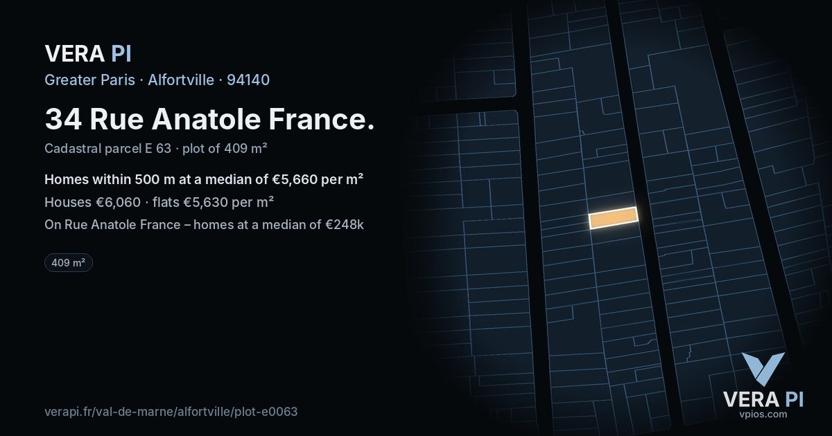 34 Rue Anatole France, Alfortville at night – the plot lit, the parcels around coloured by the prices near them