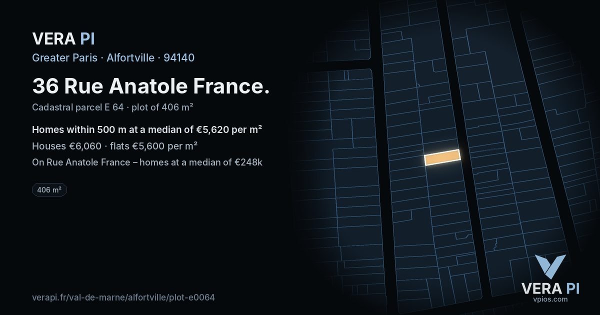 36 Rue Anatole France, Alfortville at night – the plot lit, the parcels around coloured by the prices near them