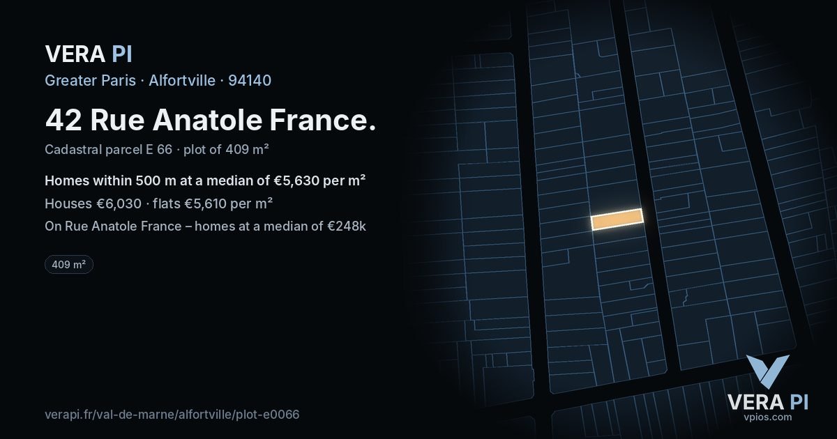 42 Rue Anatole France, Alfortville at night – the plot lit, the parcels around coloured by the prices near them