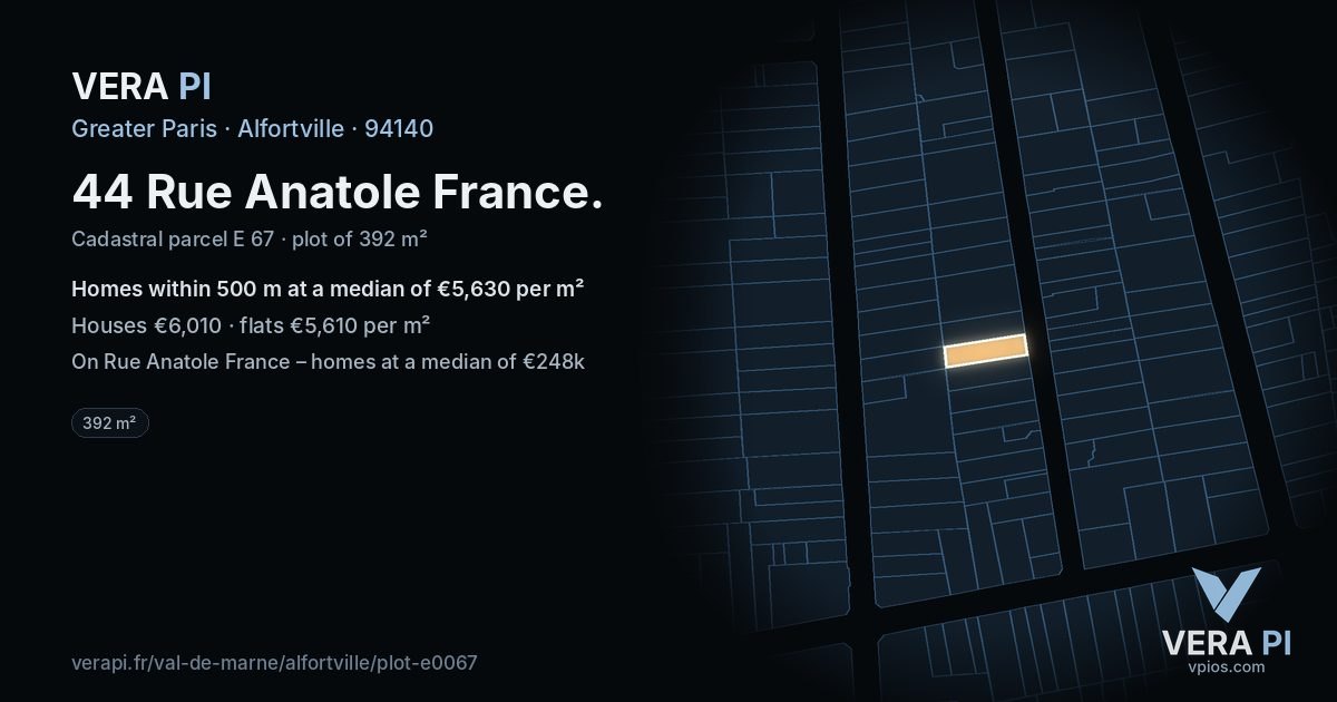 44 Rue Anatole France, Alfortville at night – the plot lit, the parcels around coloured by the prices near them