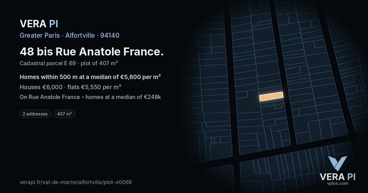 48 bis Rue Anatole France, Alfortville at night – the plot lit, the parcels around coloured by the prices near them