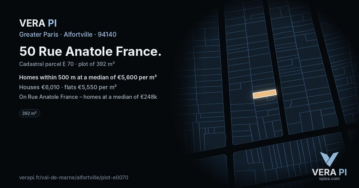 50 Rue Anatole France, Alfortville at night – the plot lit, the parcels around coloured by the prices near them