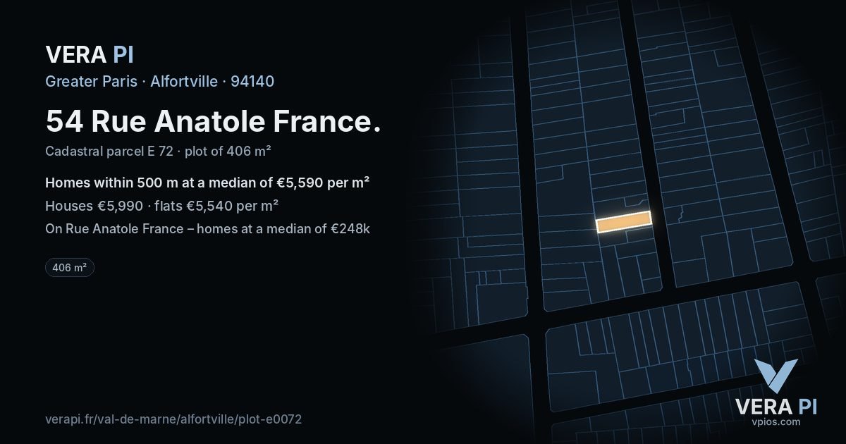54 Rue Anatole France, Alfortville at night – the plot lit, the parcels around coloured by the prices near them
