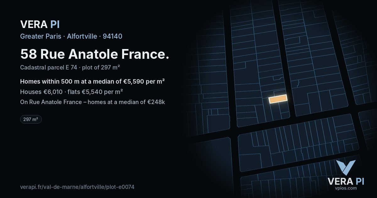 58 Rue Anatole France, Alfortville at night – the plot lit, the parcels around coloured by the prices near them