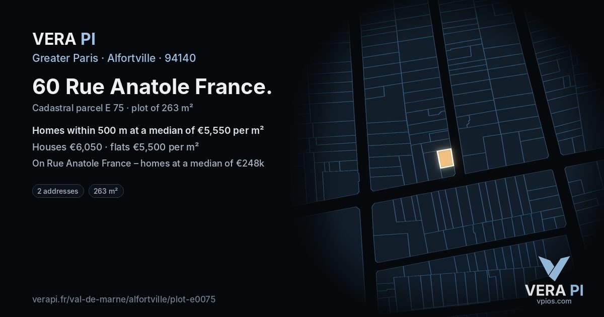 60 Rue Anatole France, Alfortville at night – the plot lit, the parcels around coloured by the prices near them