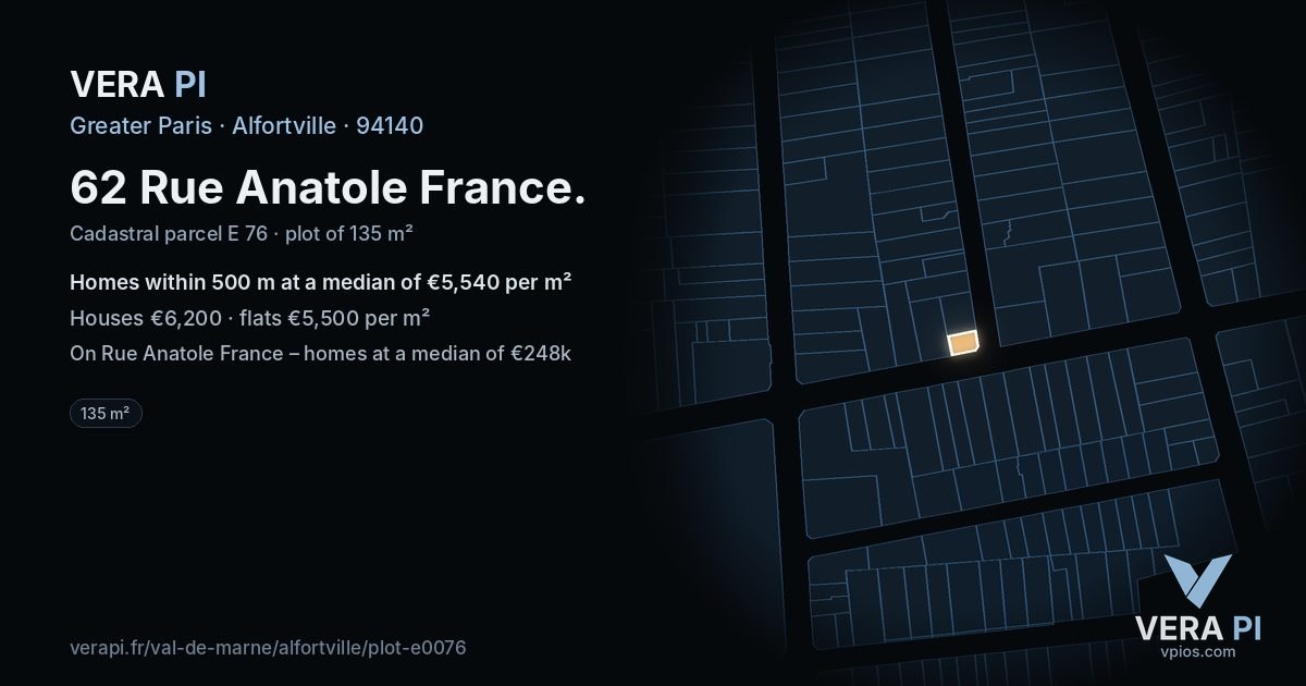 62 Rue Anatole France, Alfortville at night – the plot lit, the parcels around coloured by the prices near them