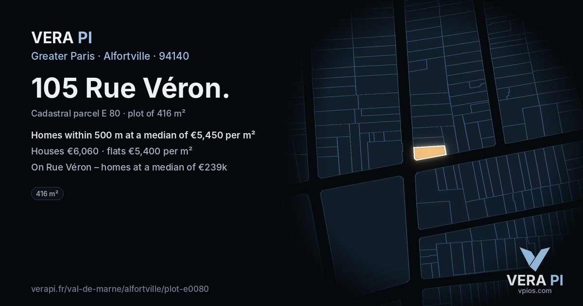 105 Rue Véron, Alfortville at night – the plot lit, the parcels around coloured by the prices near them