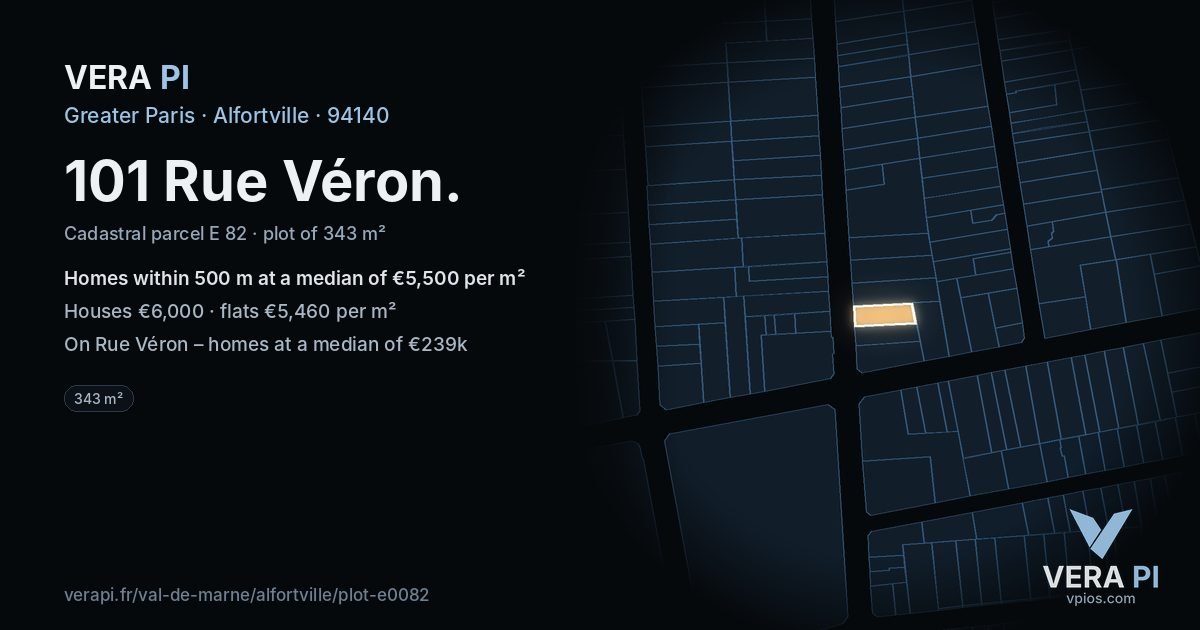 101 Rue Véron, Alfortville at night – the plot lit, the parcels around coloured by the prices near them