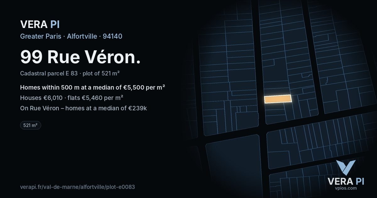 99 Rue Véron, Alfortville at night – the plot lit, the parcels around coloured by the prices near them