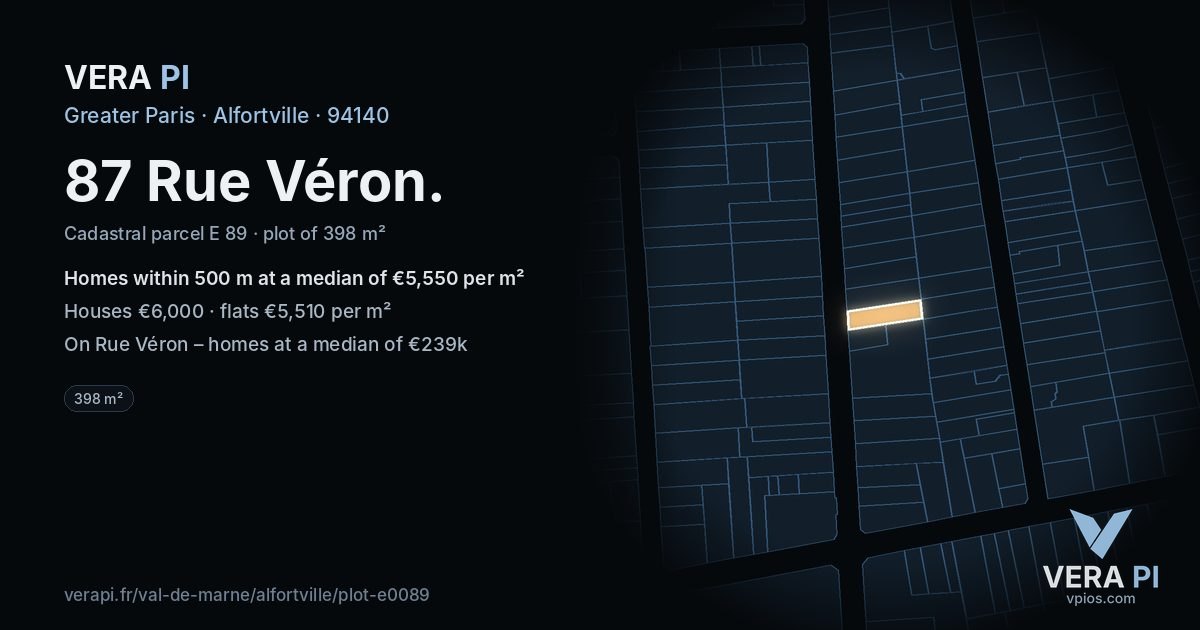 87 Rue Véron, Alfortville at night – the plot lit, the parcels around coloured by the prices near them
