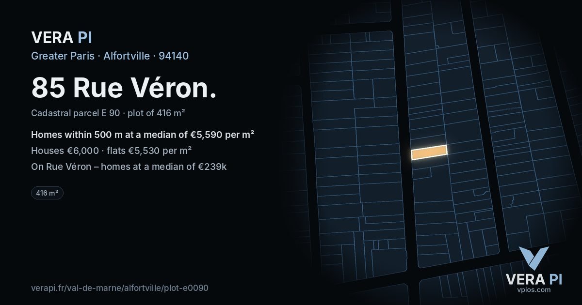 85 Rue Véron, Alfortville at night – the plot lit, the parcels around coloured by the prices near them