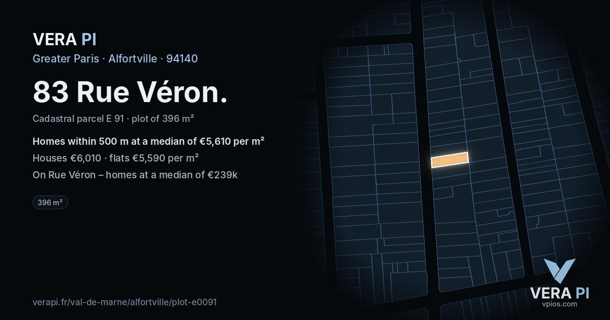83 Rue Véron, Alfortville at night – the plot lit, the parcels around coloured by the prices near them