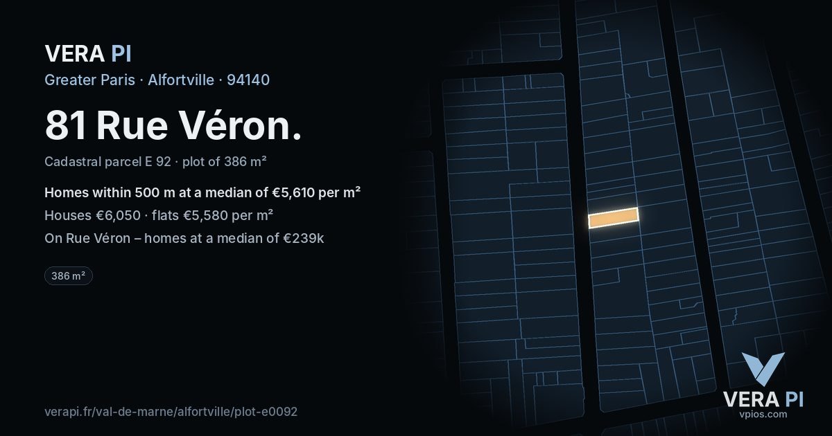 81 Rue Véron, Alfortville at night – the plot lit, the parcels around coloured by the prices near them