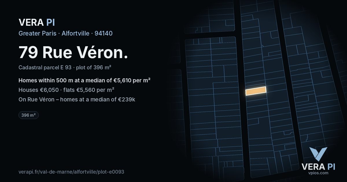 79 Rue Véron, Alfortville at night – the plot lit, the parcels around coloured by the prices near them