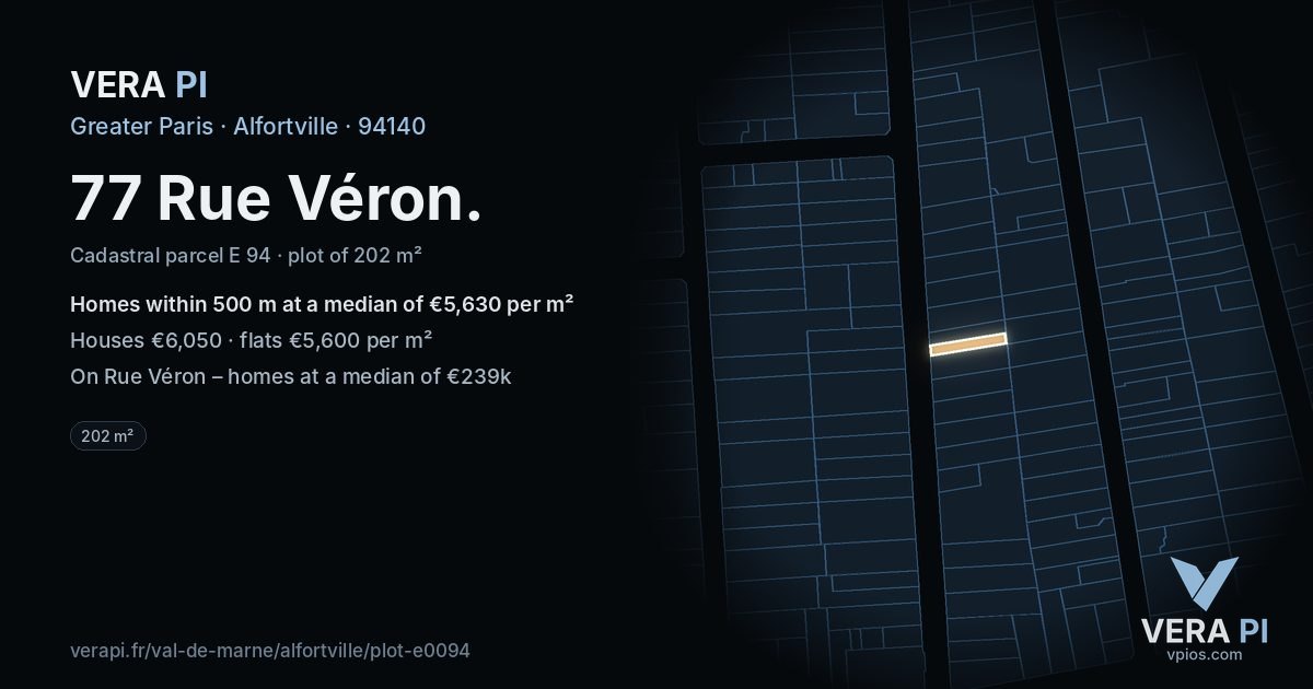 77 Rue Véron, Alfortville at night – the plot lit, the parcels around coloured by the prices near them