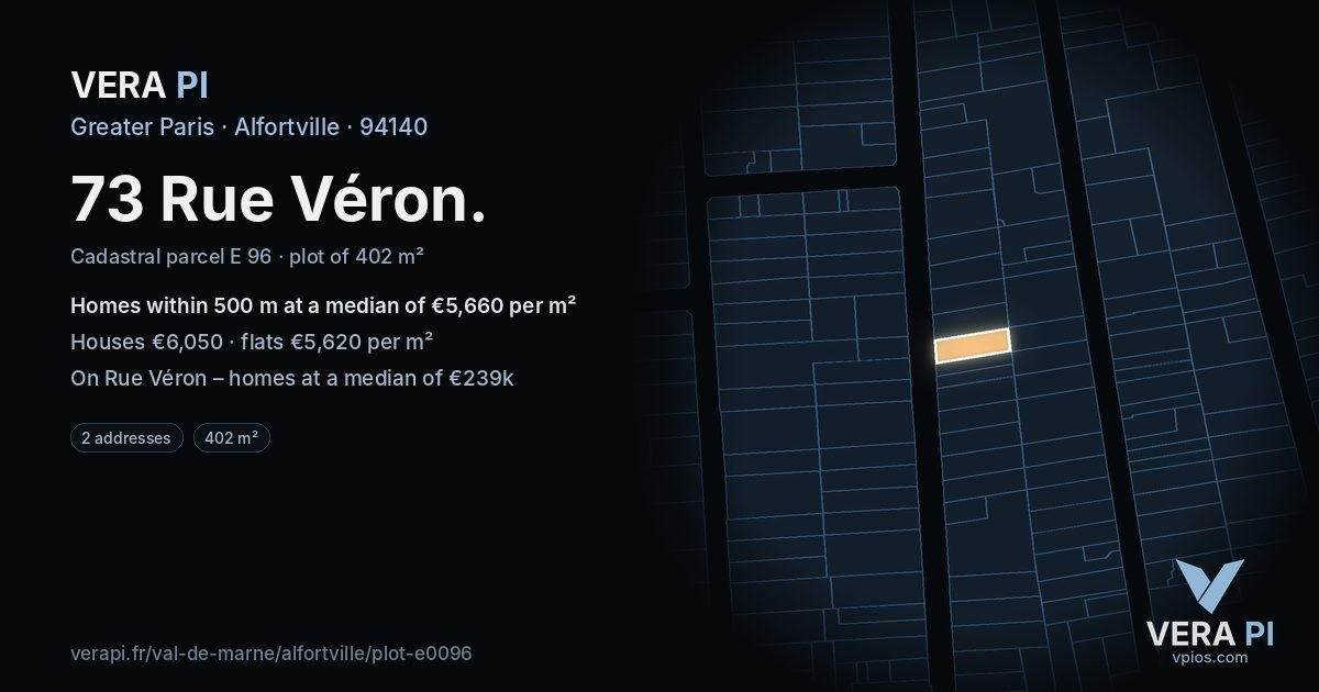 73 Rue Véron, Alfortville at night – the plot lit, the parcels around coloured by the prices near them