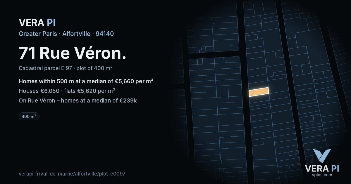 71 Rue Véron, Alfortville at night – the plot lit, the parcels around coloured by the prices near them