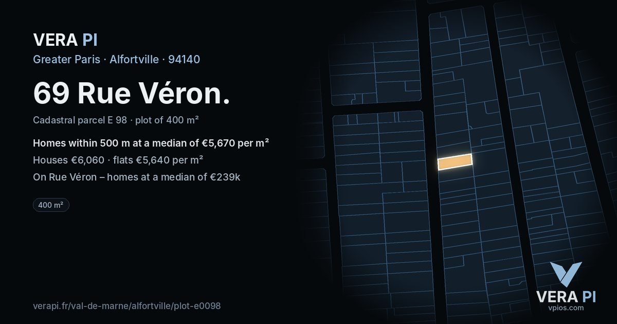 69 Rue Véron, Alfortville at night – the plot lit, the parcels around coloured by the prices near them