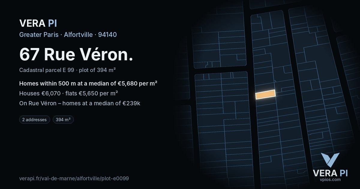 67 Rue Véron, Alfortville at night – the plot lit, the parcels around coloured by the prices near them