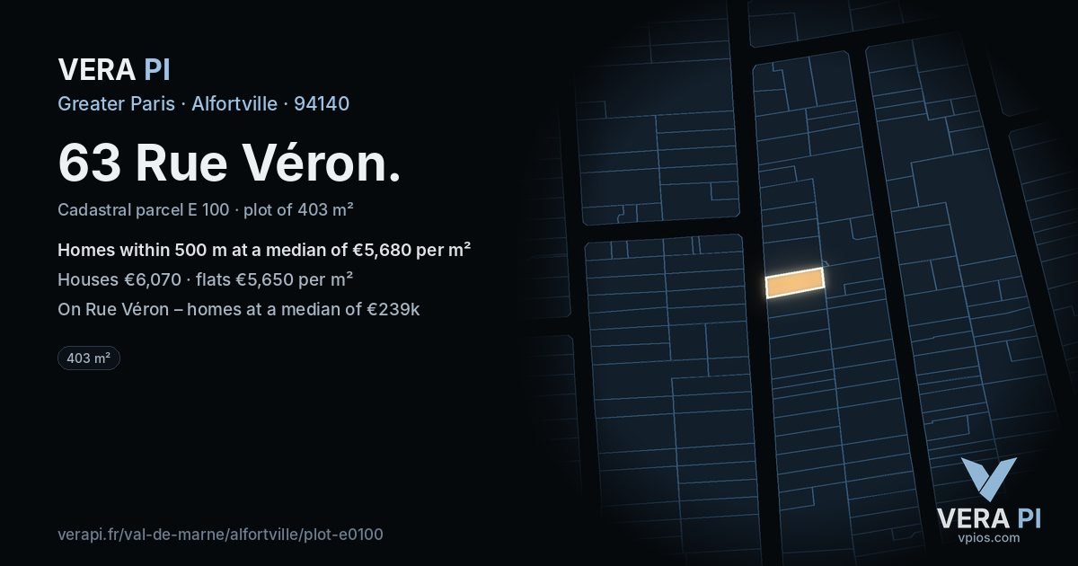 63 Rue Véron, Alfortville at night – the plot lit, the parcels around coloured by the prices near them