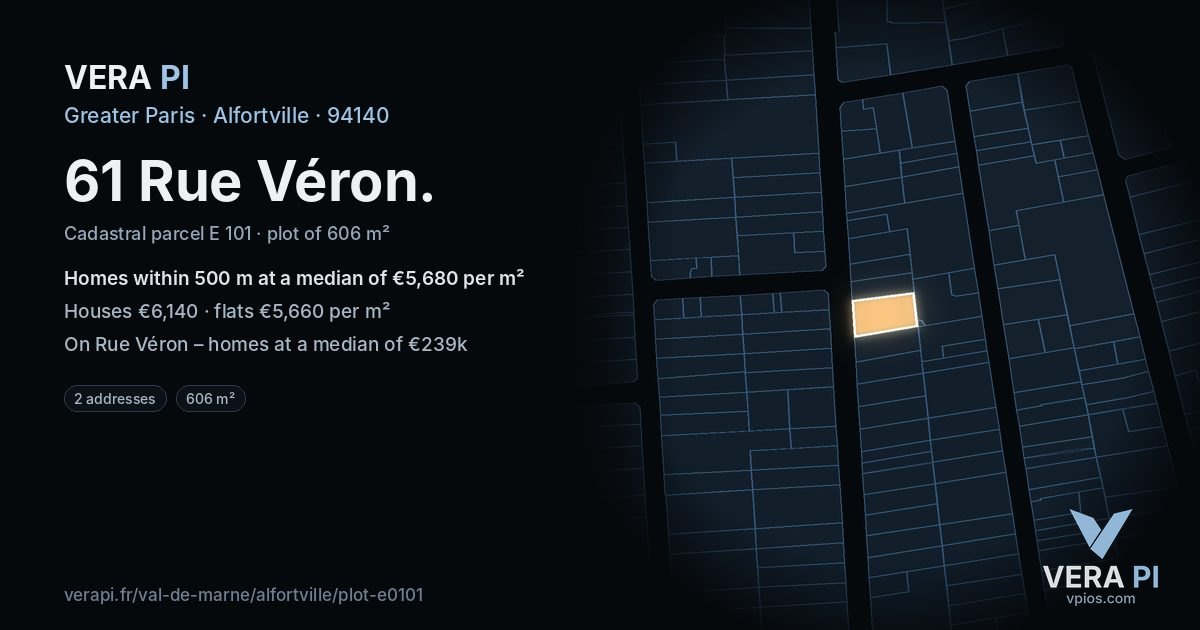 61 Rue Véron, Alfortville at night – the plot lit, the parcels around coloured by the prices near them