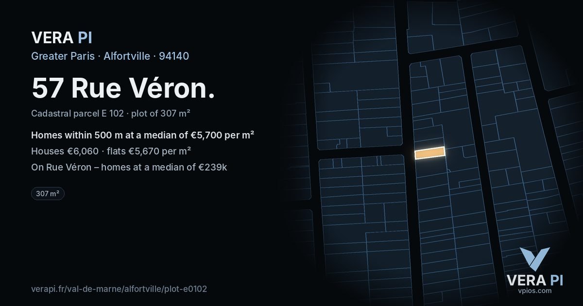 57 Rue Véron, Alfortville at night – the plot lit, the parcels around coloured by the prices near them