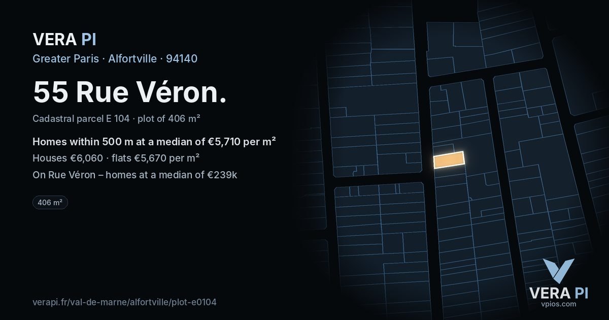 55 Rue Véron, Alfortville at night – the plot lit, the parcels around coloured by the prices near them