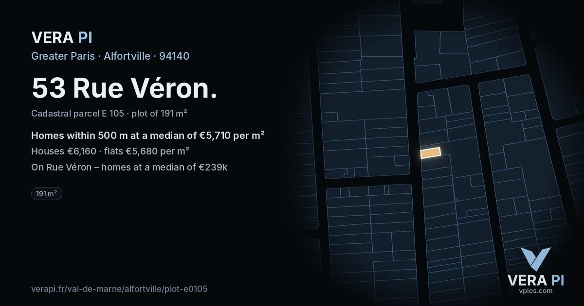 53 Rue Véron, Alfortville at night – the plot lit, the parcels around coloured by the prices near them