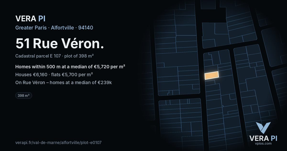 51 Rue Véron, Alfortville at night – the plot lit, the parcels around coloured by the prices near them