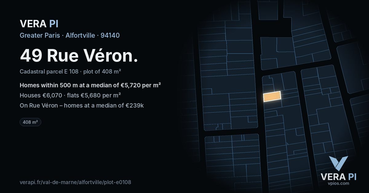 49 Rue Véron, Alfortville at night – the plot lit, the parcels around coloured by the prices near them