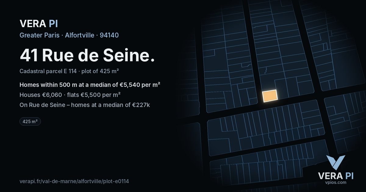 41 Rue de Seine, Alfortville at night – the plot lit, the parcels around coloured by the prices near them