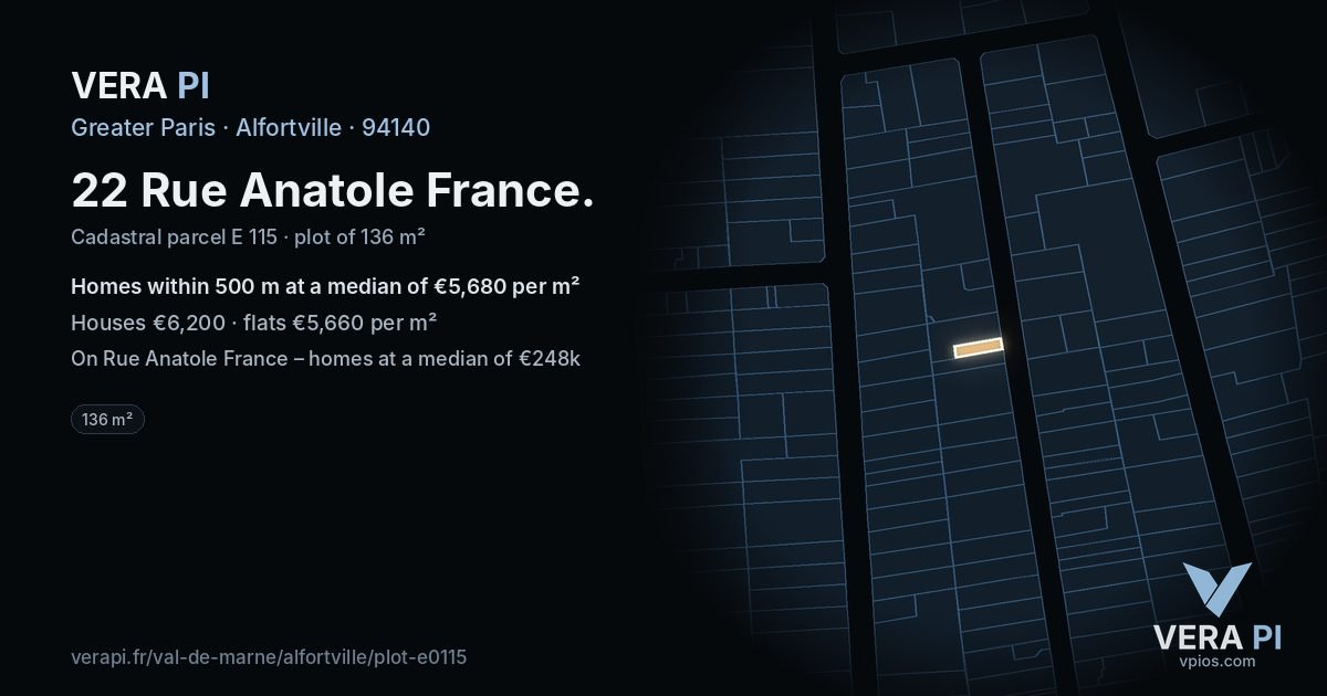 22 Rue Anatole France, Alfortville at night – the plot lit, the parcels around coloured by the prices near them