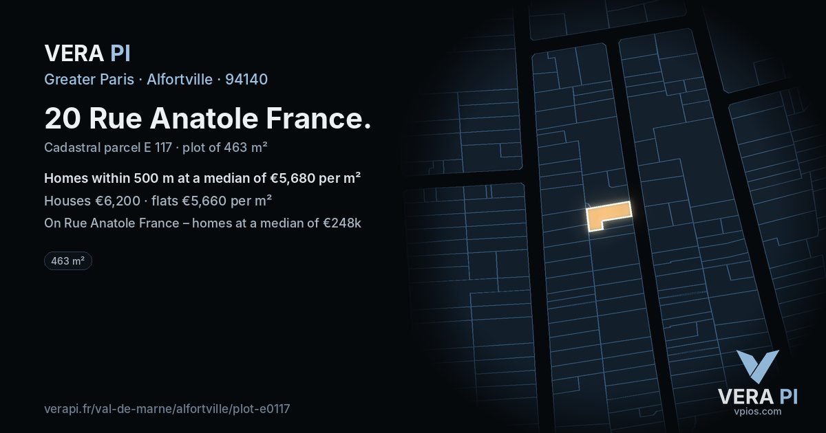 20 Rue Anatole France, Alfortville at night – the plot lit, the parcels around coloured by the prices near them