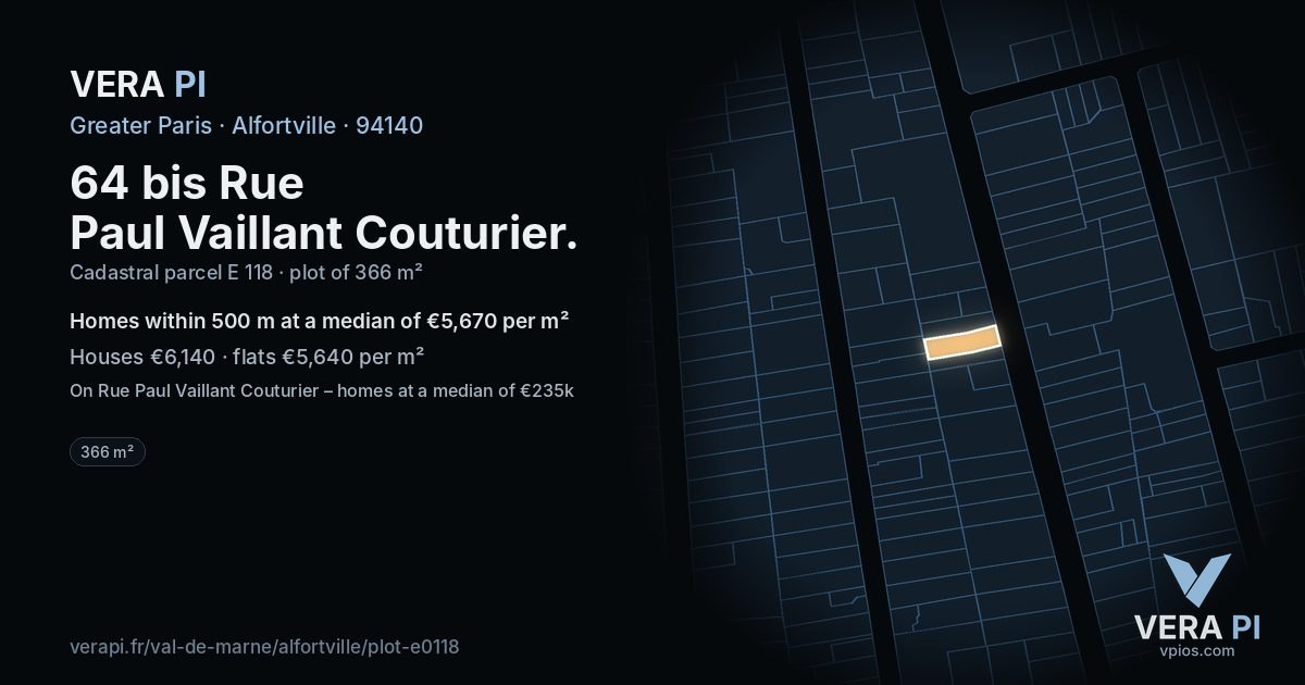 64 bis Rue Paul Vaillant Couturier, Alfortville at night – the plot lit, the parcels around coloured by the prices near them